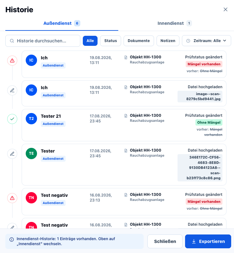 Änderungshistorie einer Anlage mit Prüfstatus und Uploads