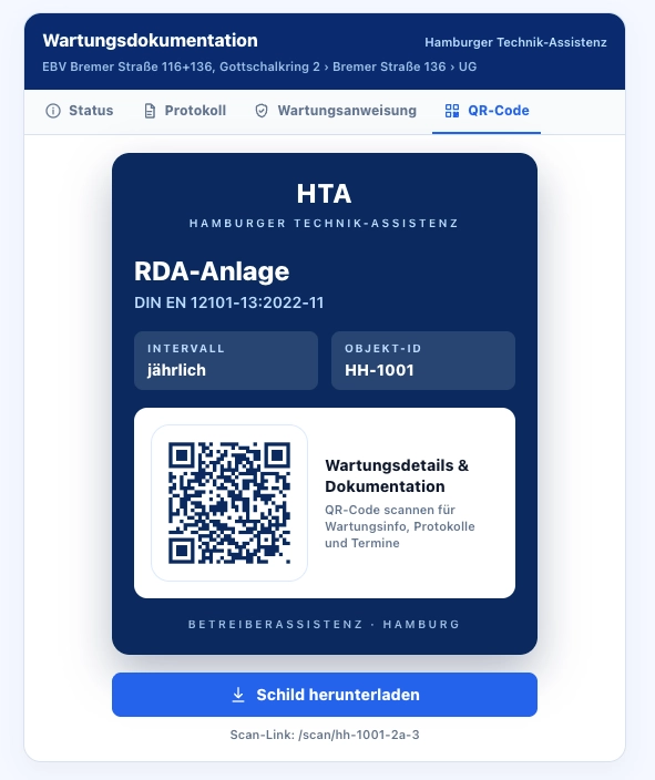 QR-Schild einer RWA-Anlage mit Objekt-ID und Intervall