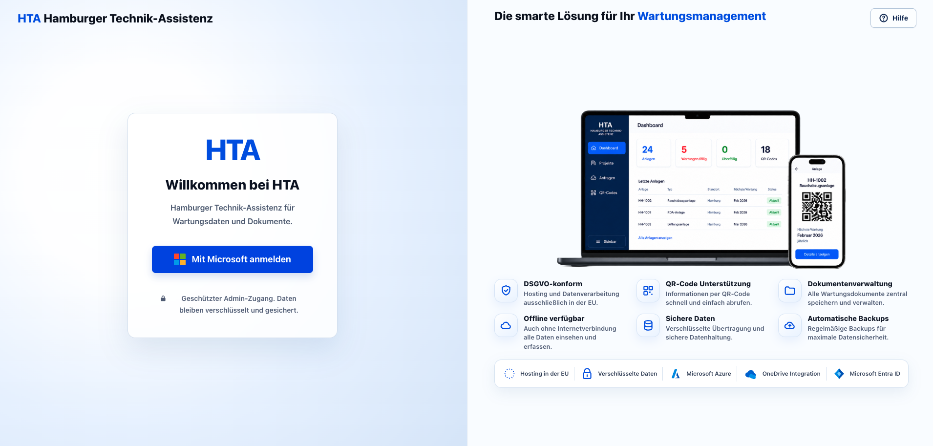 Startseite des Wartungssystems mit Anmeldung über Microsoft