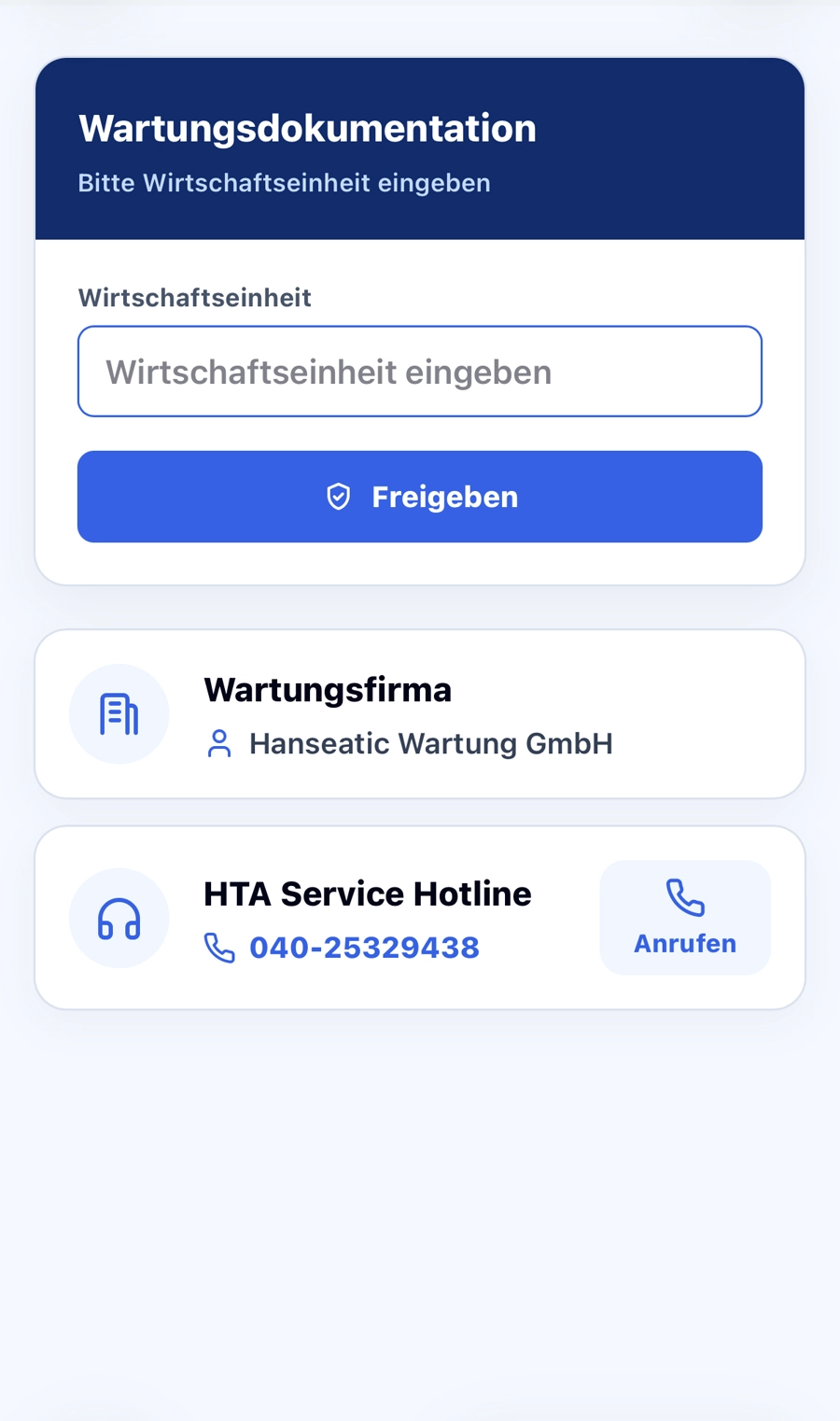 Handyansicht: Eingabe der Wirtschaftseinheit nach dem Scan