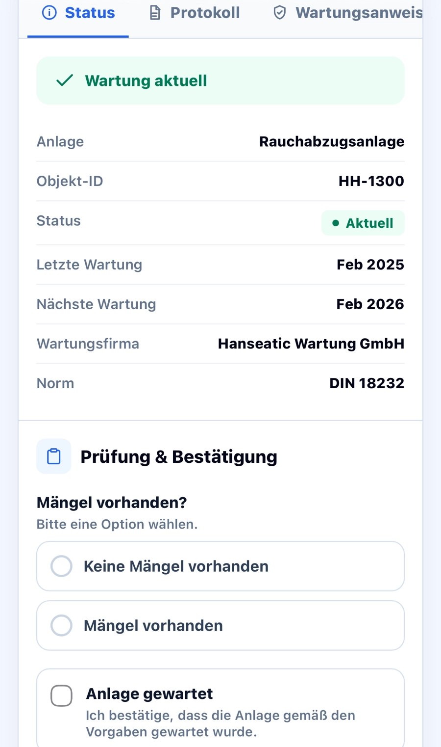 Handyansicht: Status mit letzter und nächster Wartung