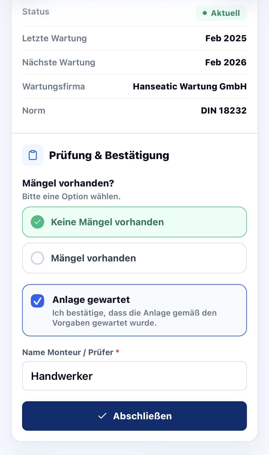 Handyansicht: Prüfung und Bestätigung der Wartung