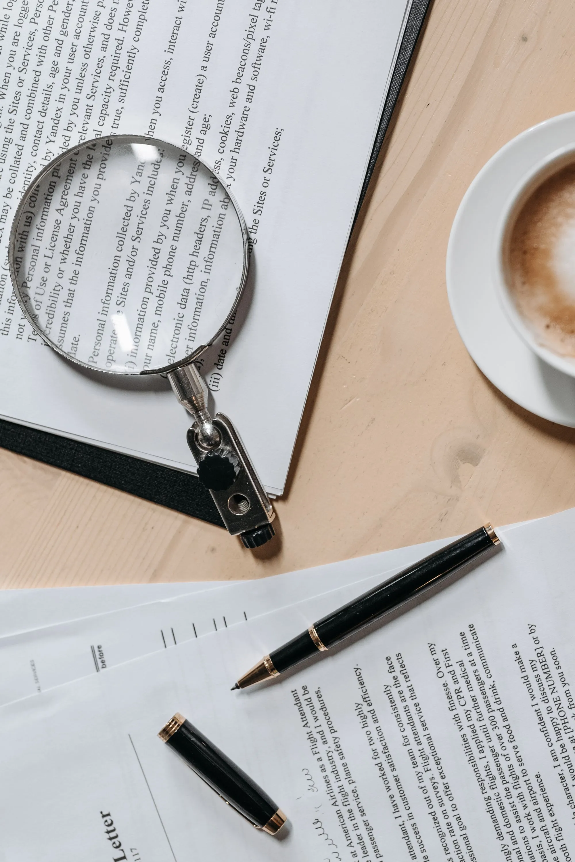 Vertragsunterlagen mit Lupe und Stift auf dem Schreibtisch